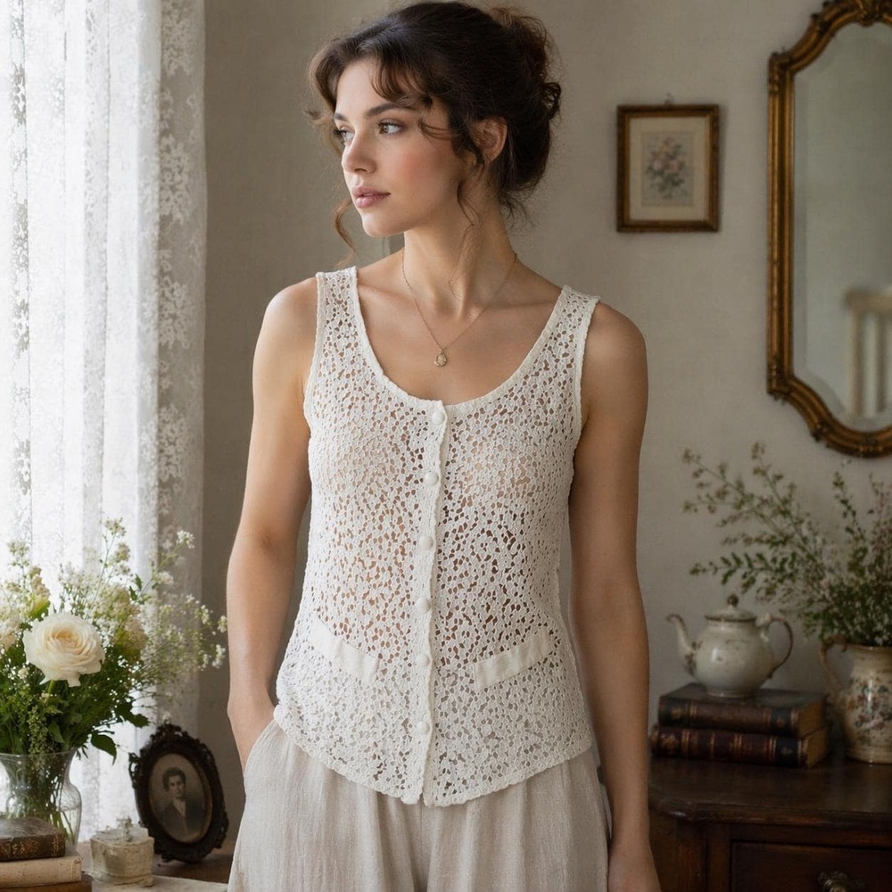 Vintage 90s White Lace Button Up Fitted Vest French Cottagecore Top SM